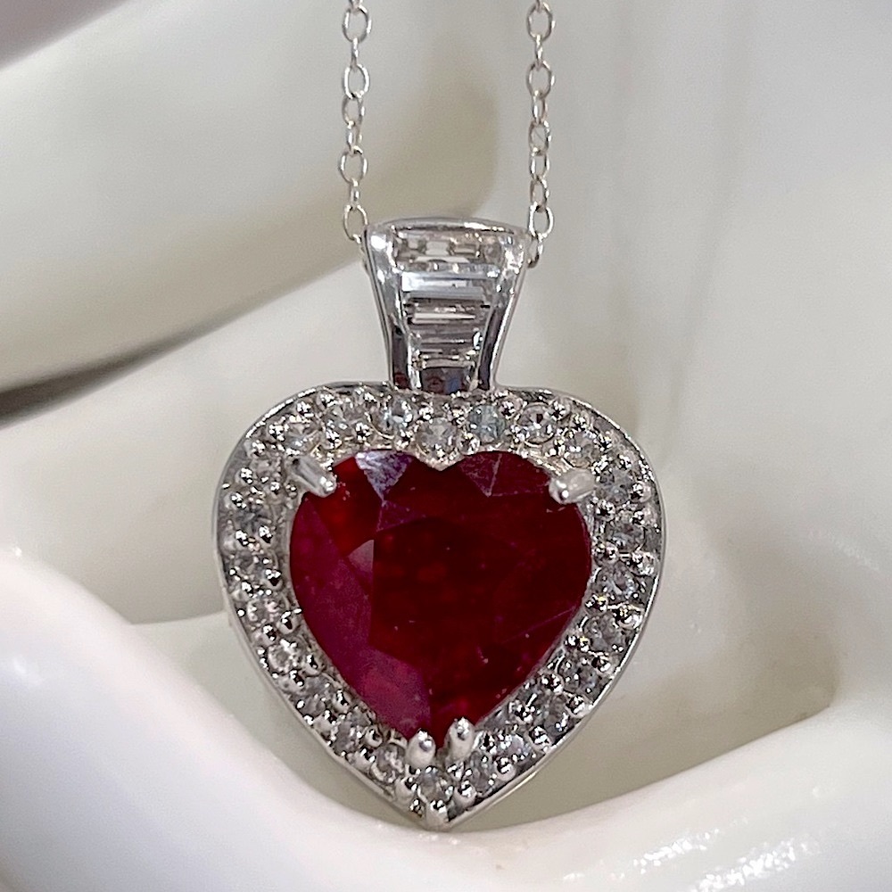 Ruby & Topaz Sterling Silver Heart Pendant 18”Necklace